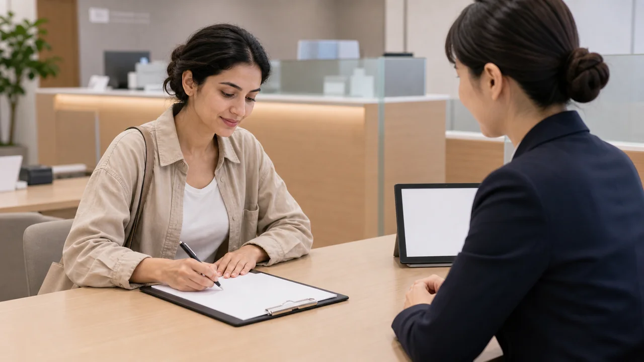 Photorealistic textless Korean bank application scene with an adult woman writing on a blank form.