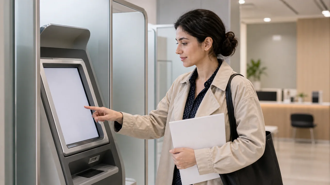 Photorealistic textless Korean bank self service terminal scene with an adult woman using a blank screen.
