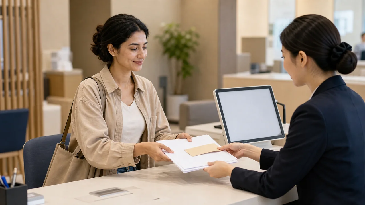 Photorealistic textless Korean bank counter scene with an adult woman receiving plain account materials.