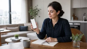 Photorealistic textless home scene with an adult woman preparing to call a clinic appointment.