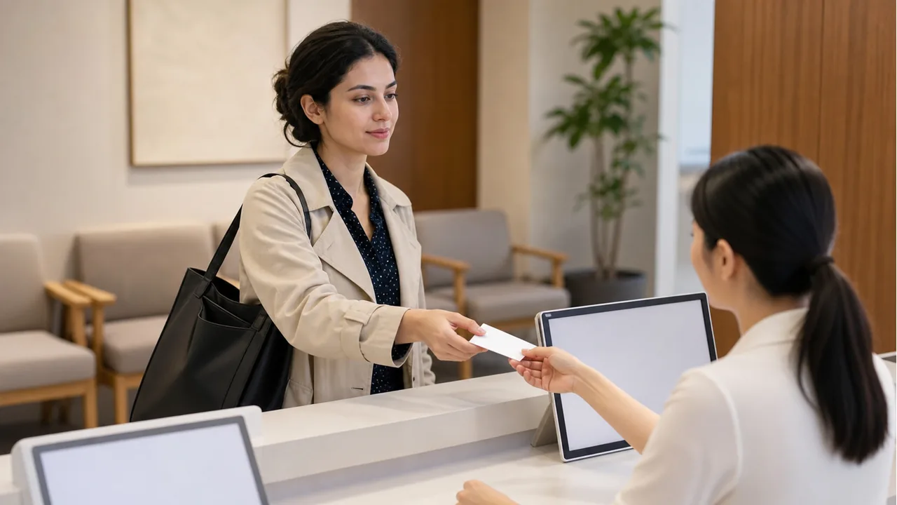 Photorealistic textless clinic reception scene with an adult woman checking in for an appointment.