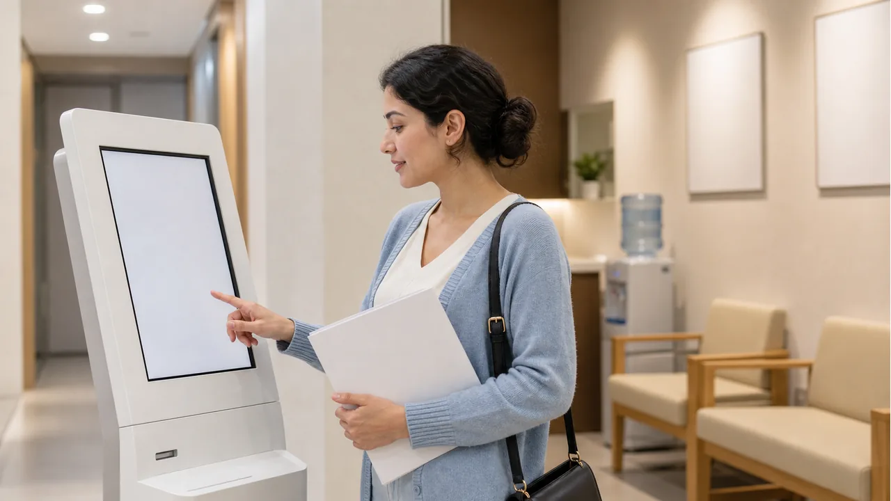 Photorealistic textless clinic kiosk scene with an adult woman using a blank check-in screen.