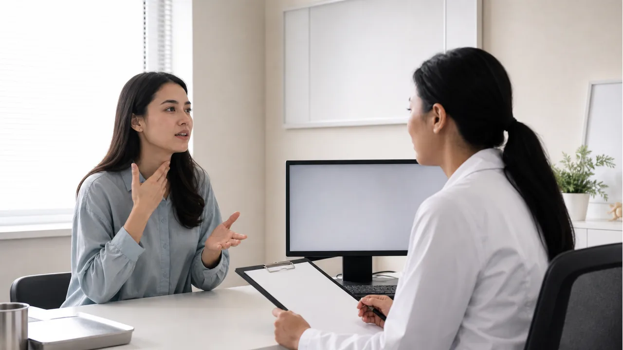 Photorealistic textless consultation scene with an adult woman explaining symptoms to a doctor.