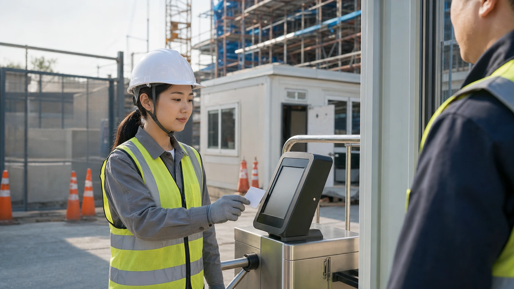 Textless adult woman construction worker checking in at a blank card reader before work.