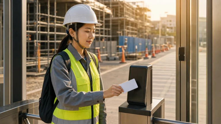Textless adult woman construction worker checking out or returning a blank access pass at a clean site exit.