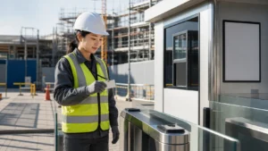 Textless Korean construction site entrance checkpoint with an adult woman worker holding a blank entry pass.