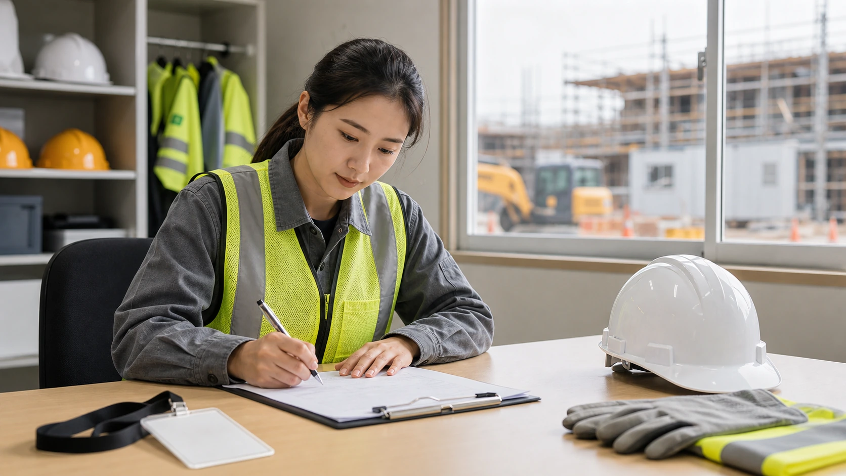 Textless adult woman construction worker confirming attendance on a blank sheet in a clean site office.