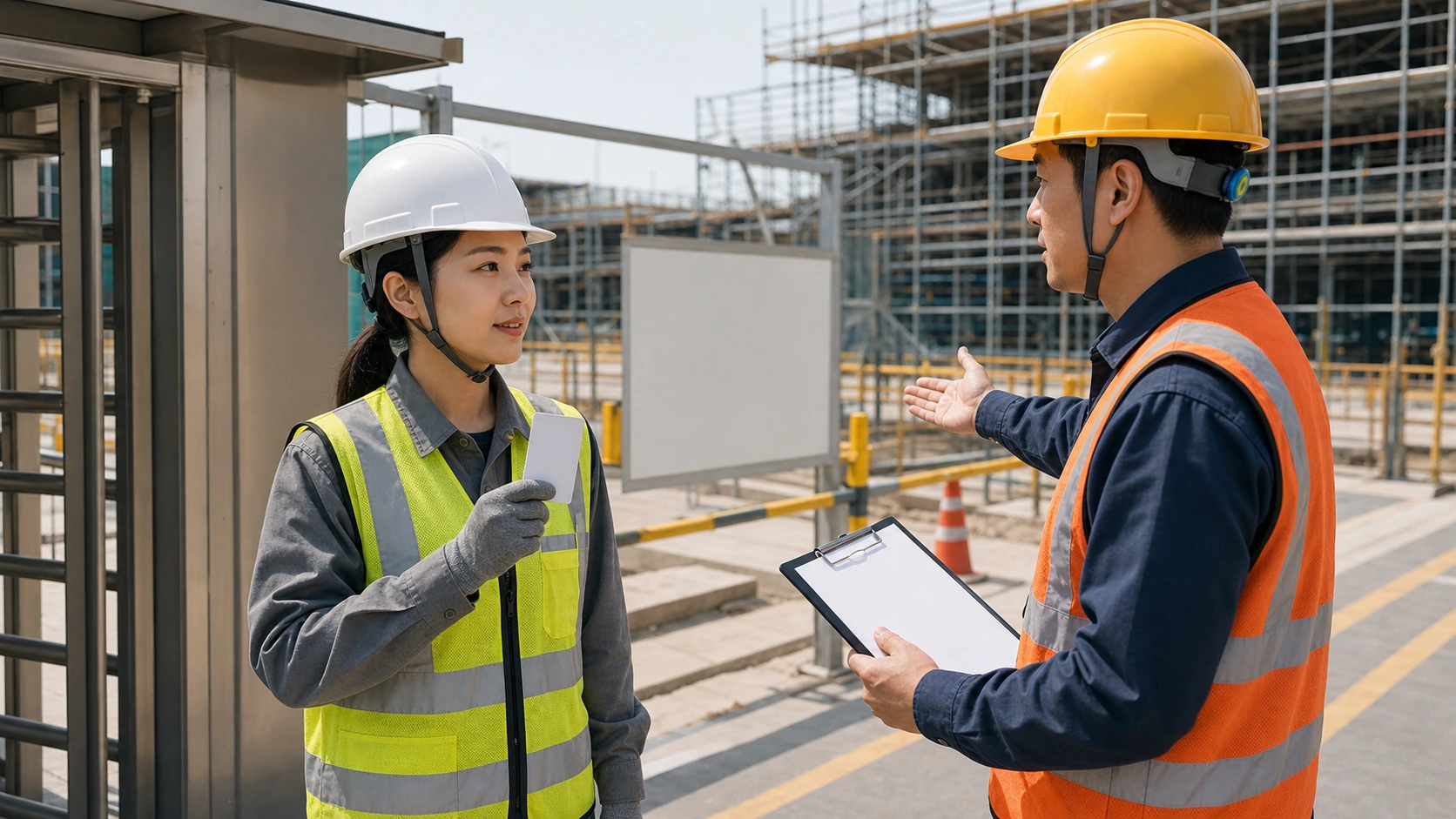 Textless adult woman construction worker asking a supervisor for entry confirmation at a safe site gate.