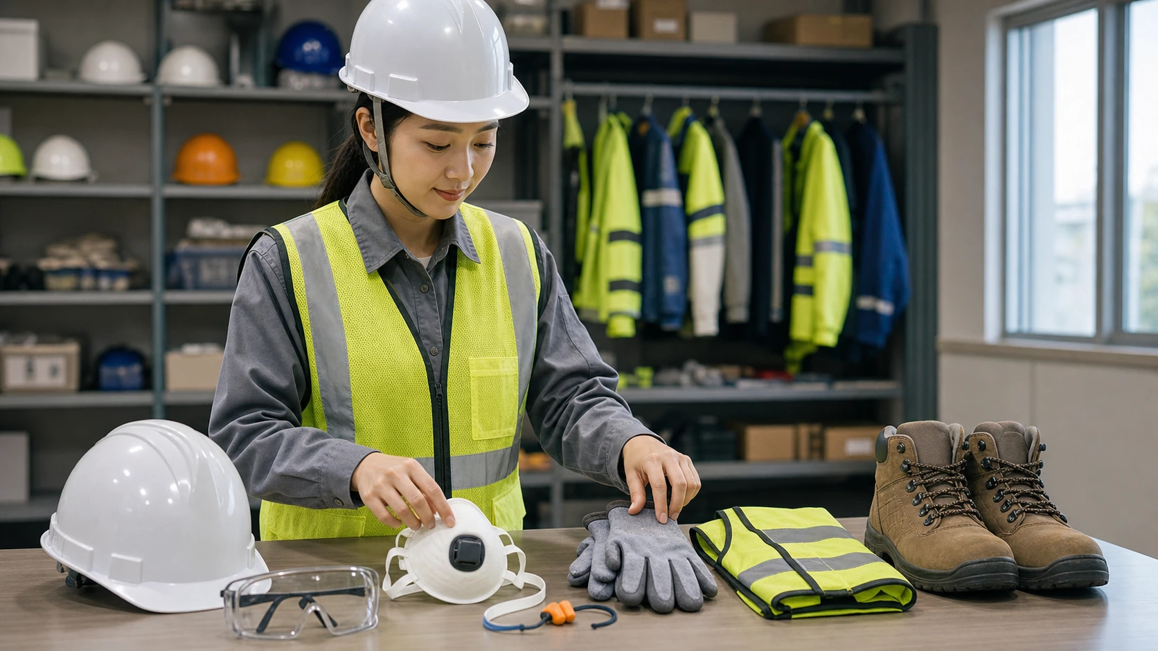 Textless protective equipment table with helmet, gloves, safety glasses, vest, boots, and masks in a construction safety room.