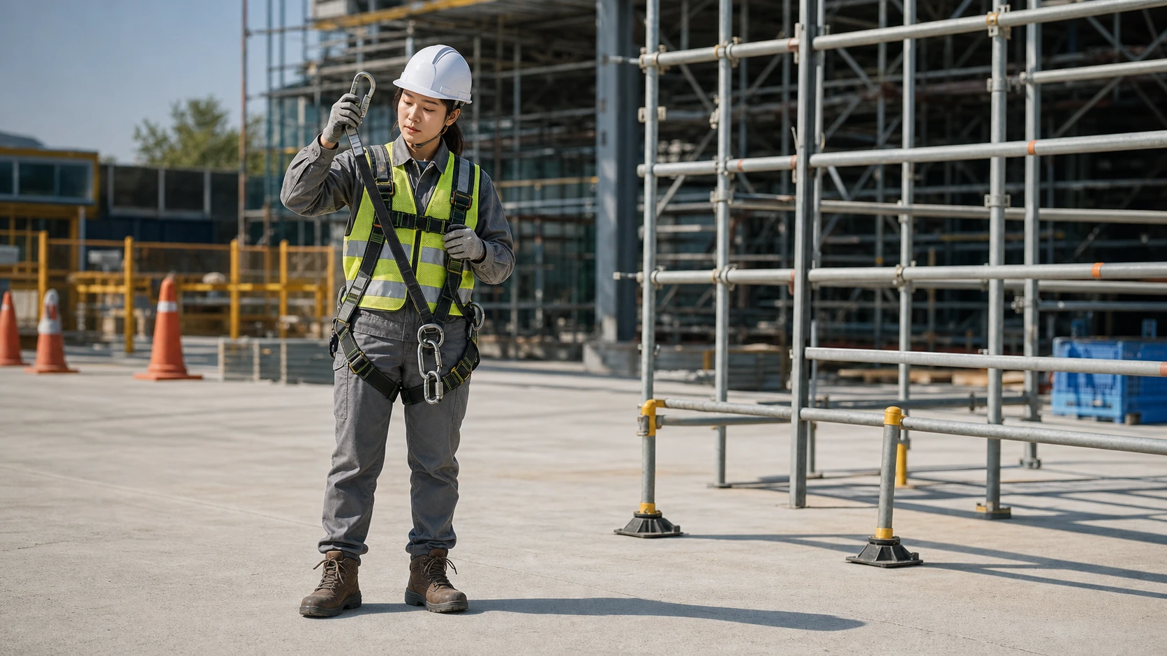 Textless construction worker checking a safety harness and lanyard near scaffolding.