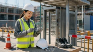 Textless Korean construction site PPE checkpoint with an adult woman worker checking protective gloves, helmet, vest, and safety boots.