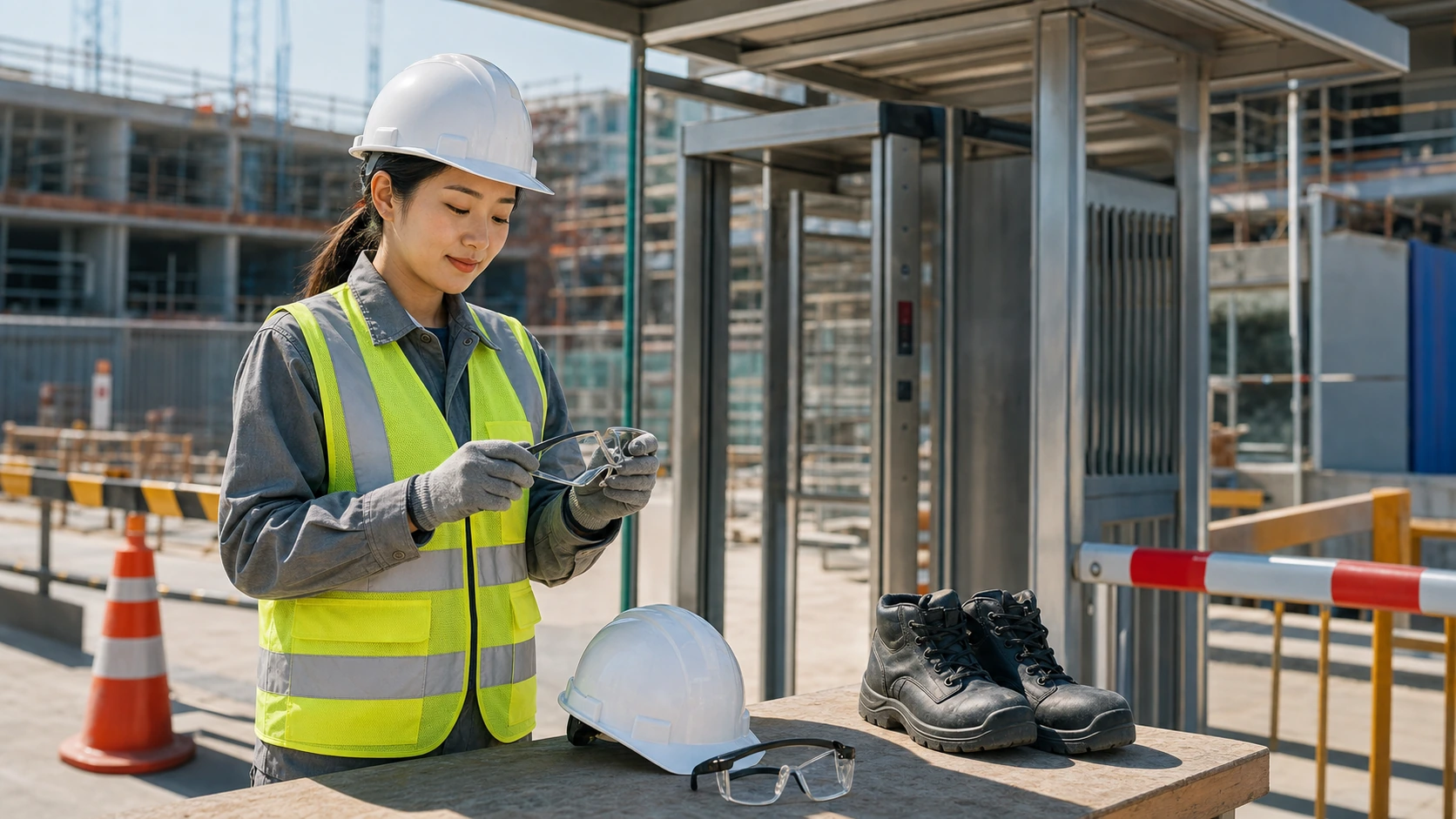 Textless Korean construction site PPE checkpoint with an adult woman worker checking protective gloves, helmet, vest, and safety boots.