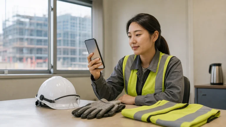 Textless after-work PPE vocabulary review with a worker, helmet, gloves, vest, and smartphone near a construction site window.