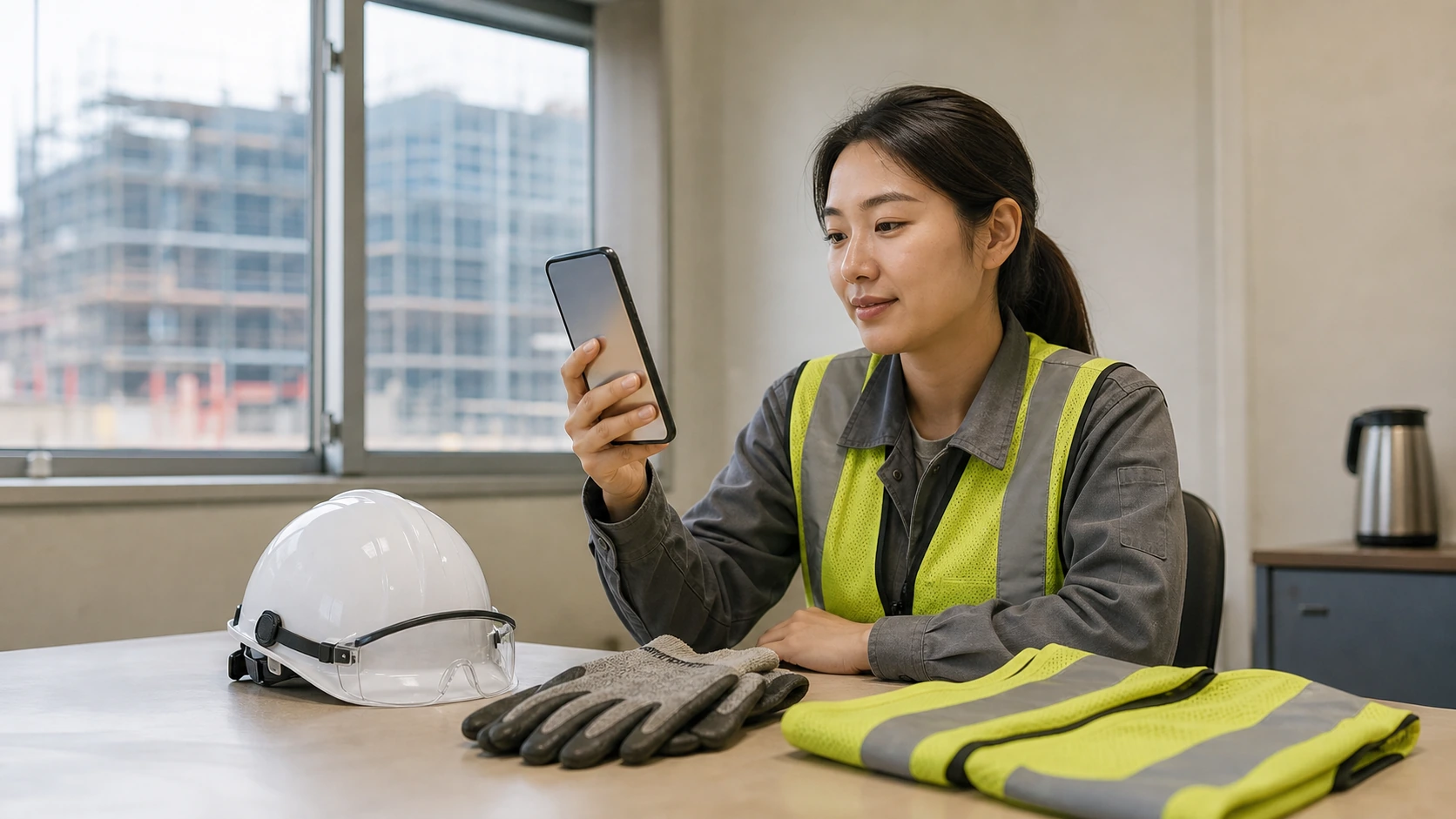 Textless after-work PPE vocabulary review with a worker, helmet, gloves, vest, and smartphone near a construction site window.