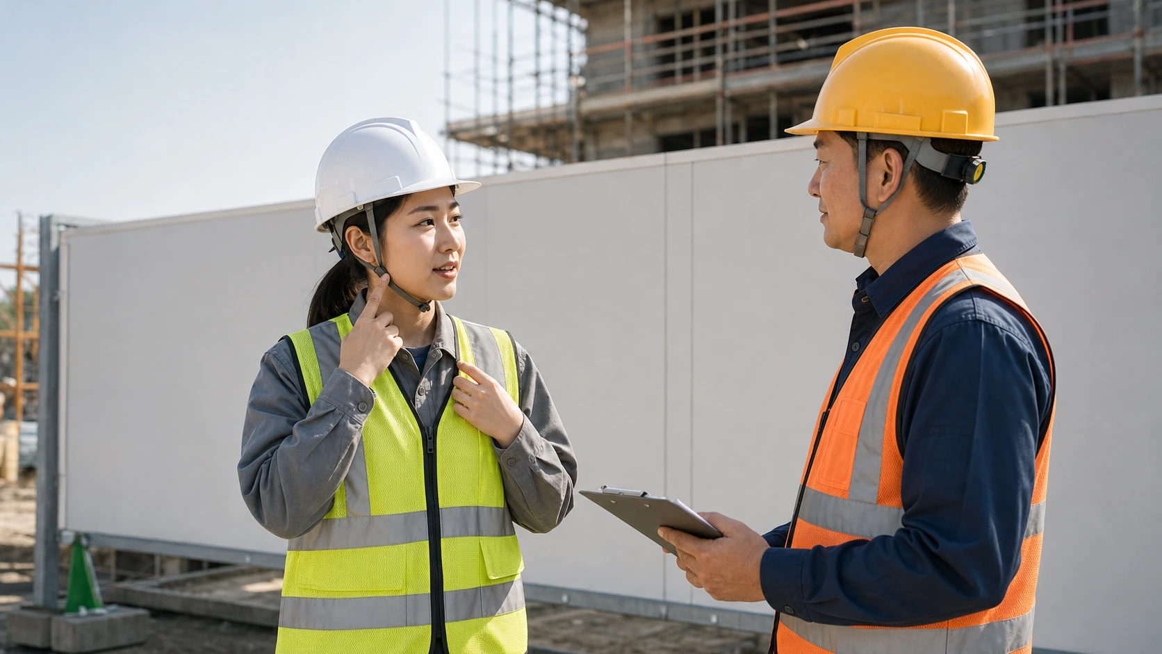 Textless supervisor checking helmet chin strap and reflective vest fit with an adult woman construction worker.