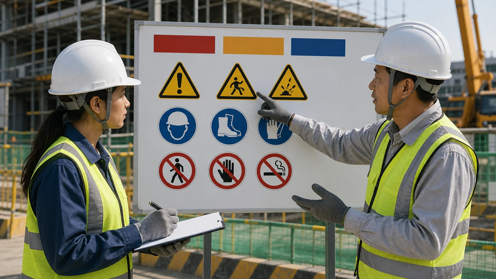 Textless safety briefing scene with universal warning icons at a construction site.