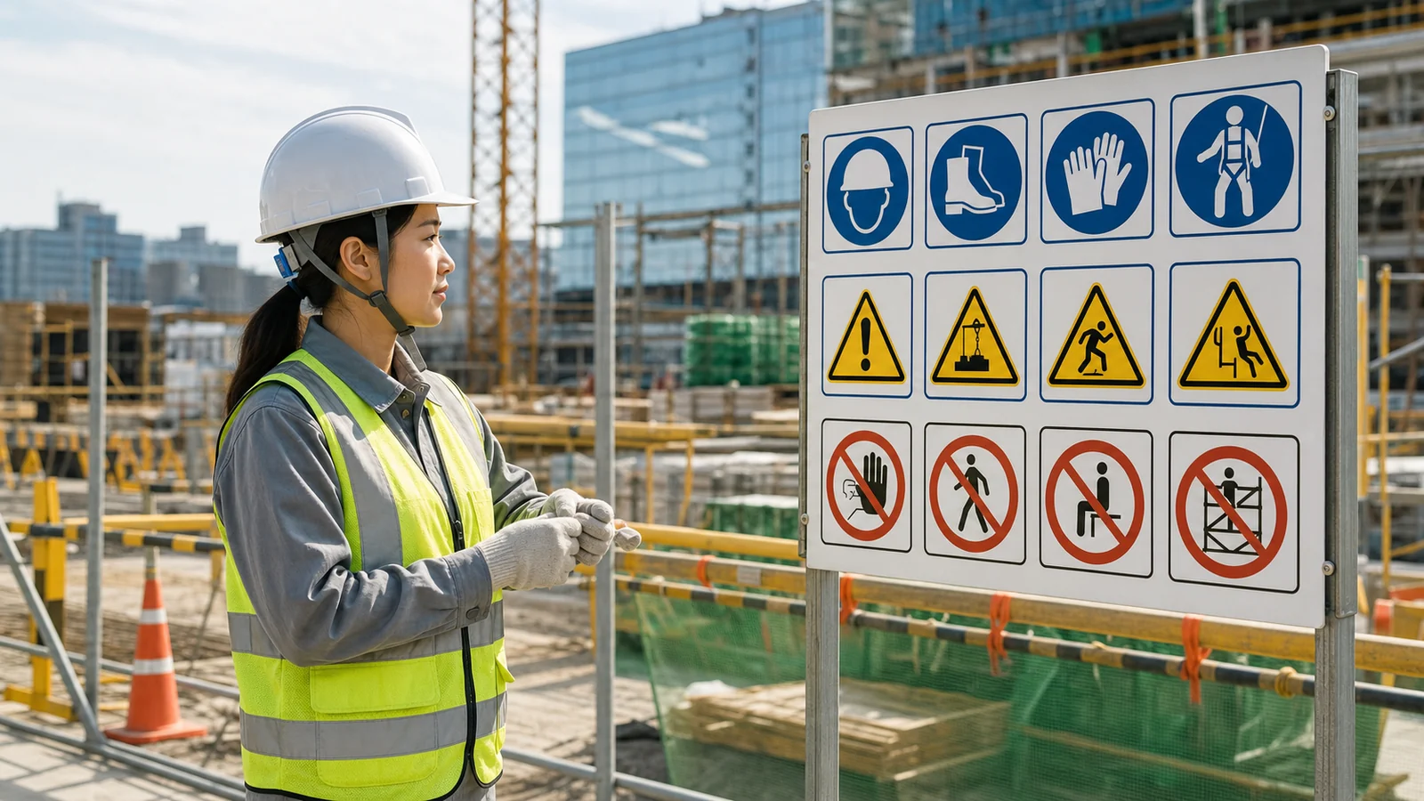 Textless Korean construction site safety sign board with an adult woman worker wearing protective equipment.