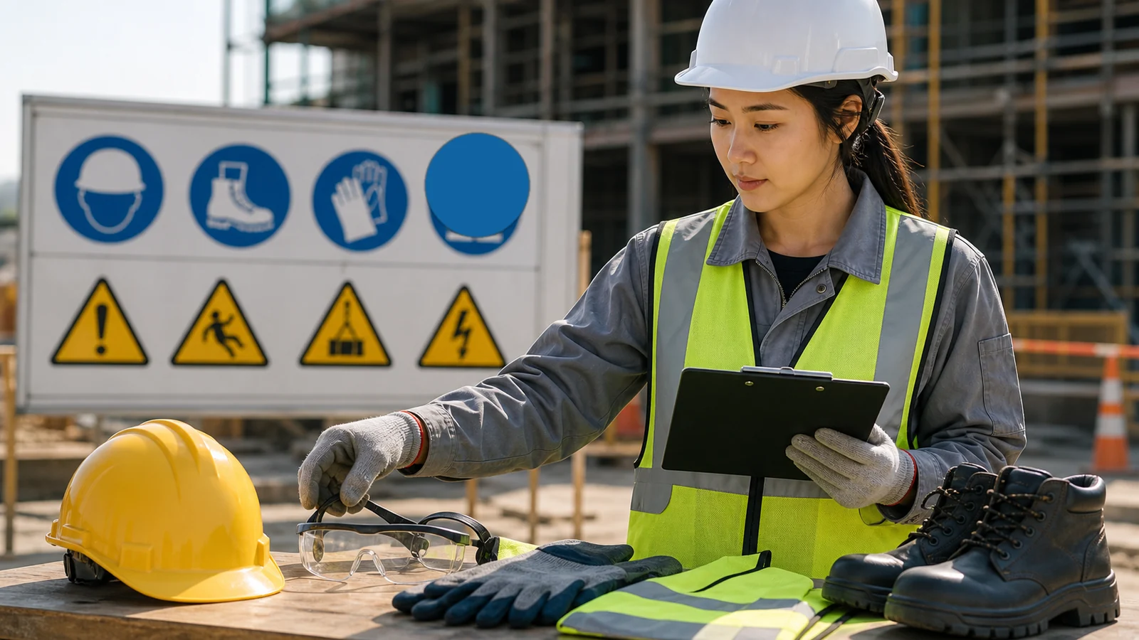 Textless PPE checkpoint with helmet, gloves, goggles, vest, and boots at a Korean construction site.
