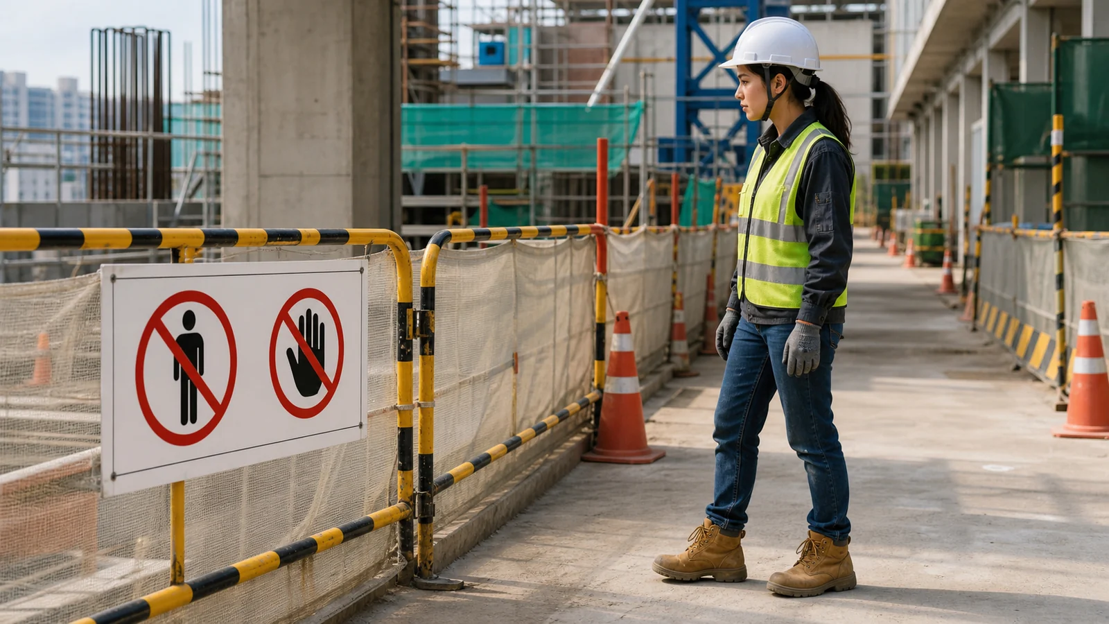 Textless restricted area sign with a worker stopping before a protected construction zone.