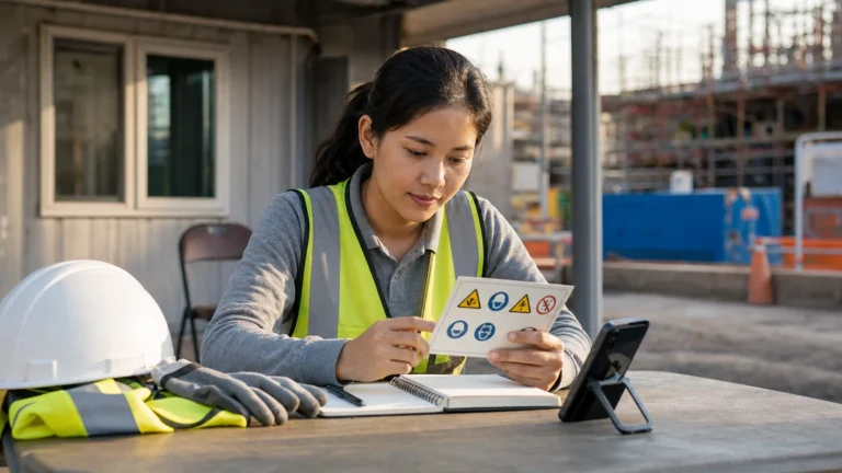 Textless after-work review scene with a worker studying safety icons near protective equipment.