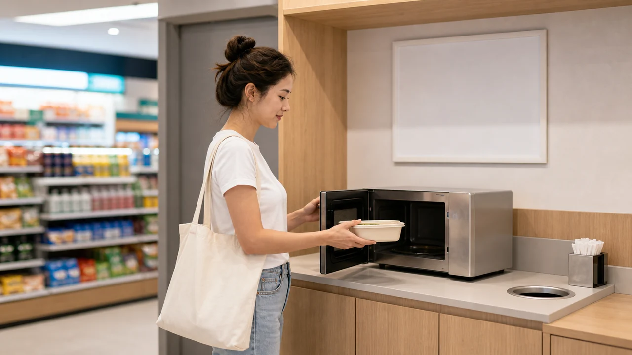 Photorealistic textless convenience store checkout scene with an adult woman paying.