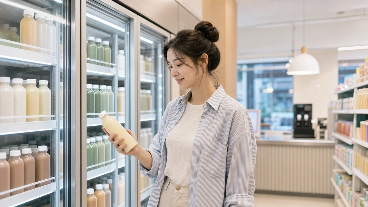 Photorealistic textless convenience store microwave area scene with an adult woman preparing food.