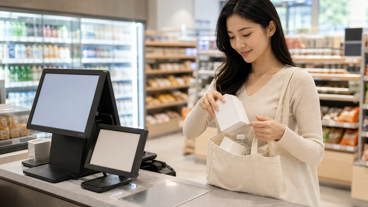 Photorealistic textless convenience store shelf scene with an adult woman choosing a drink.