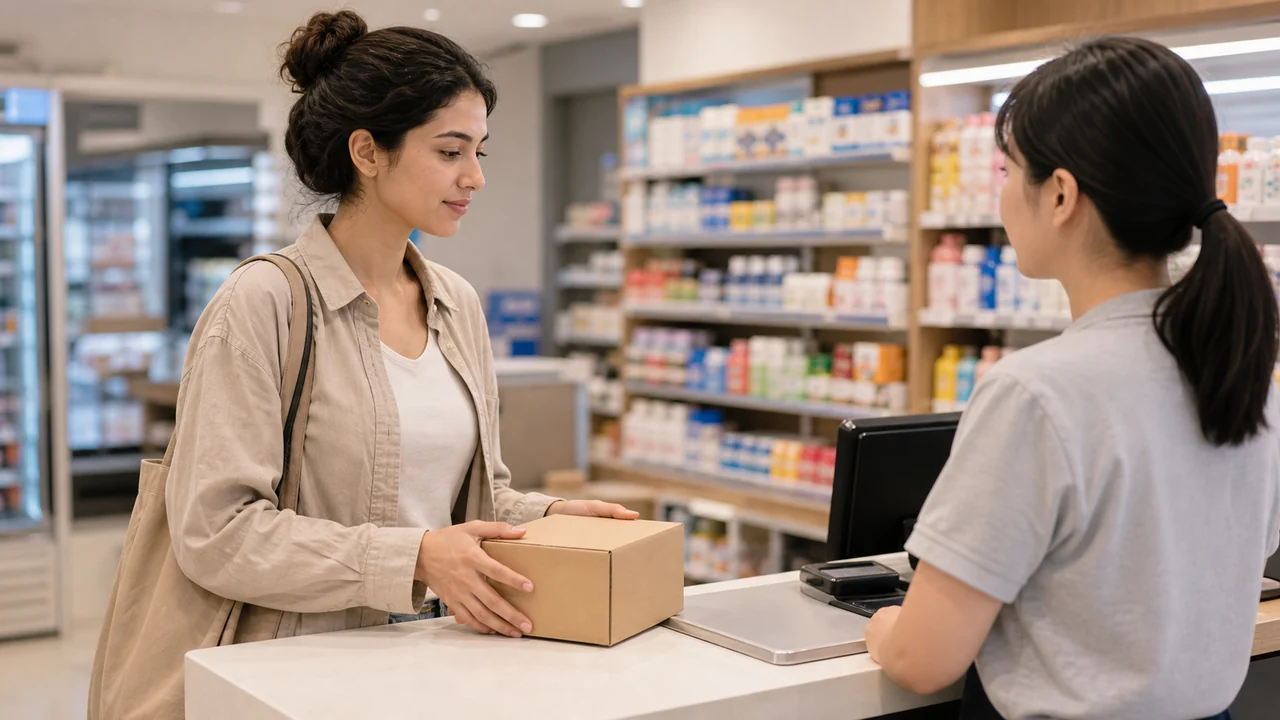 Photorealistic textless convenience store parcel counter scene with an adult woman asking for service.