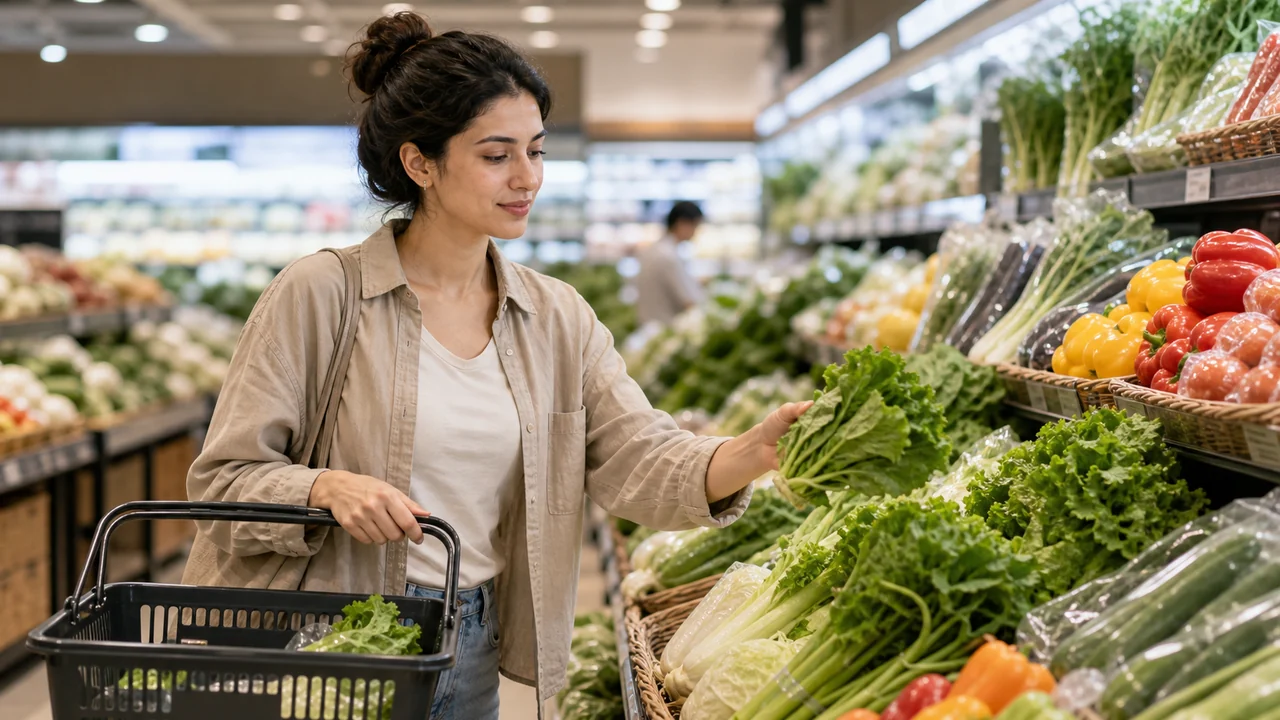 Photorealistic textless grocery produce scene with an adult woman choosing vegetables.