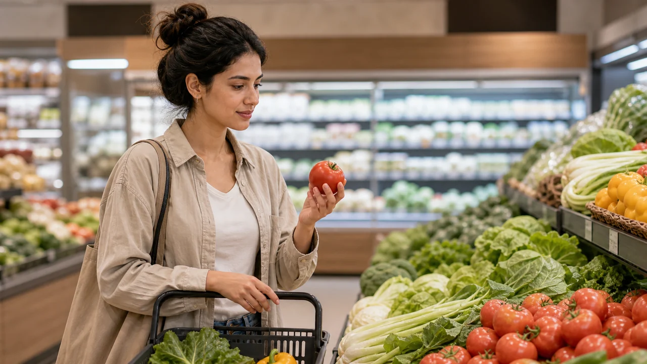 Photorealistic textless grocery produce scene with an adult woman checking freshness.