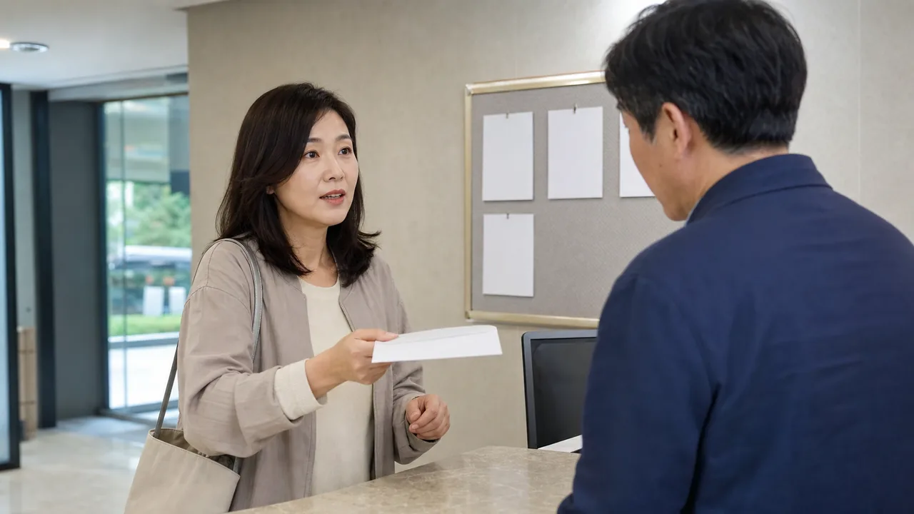 Cảnh sảnh căn hộ thực tế với một phụ nữ trưởng thành nộp giấy yêu cầu sửa chữa cho nhân viên.