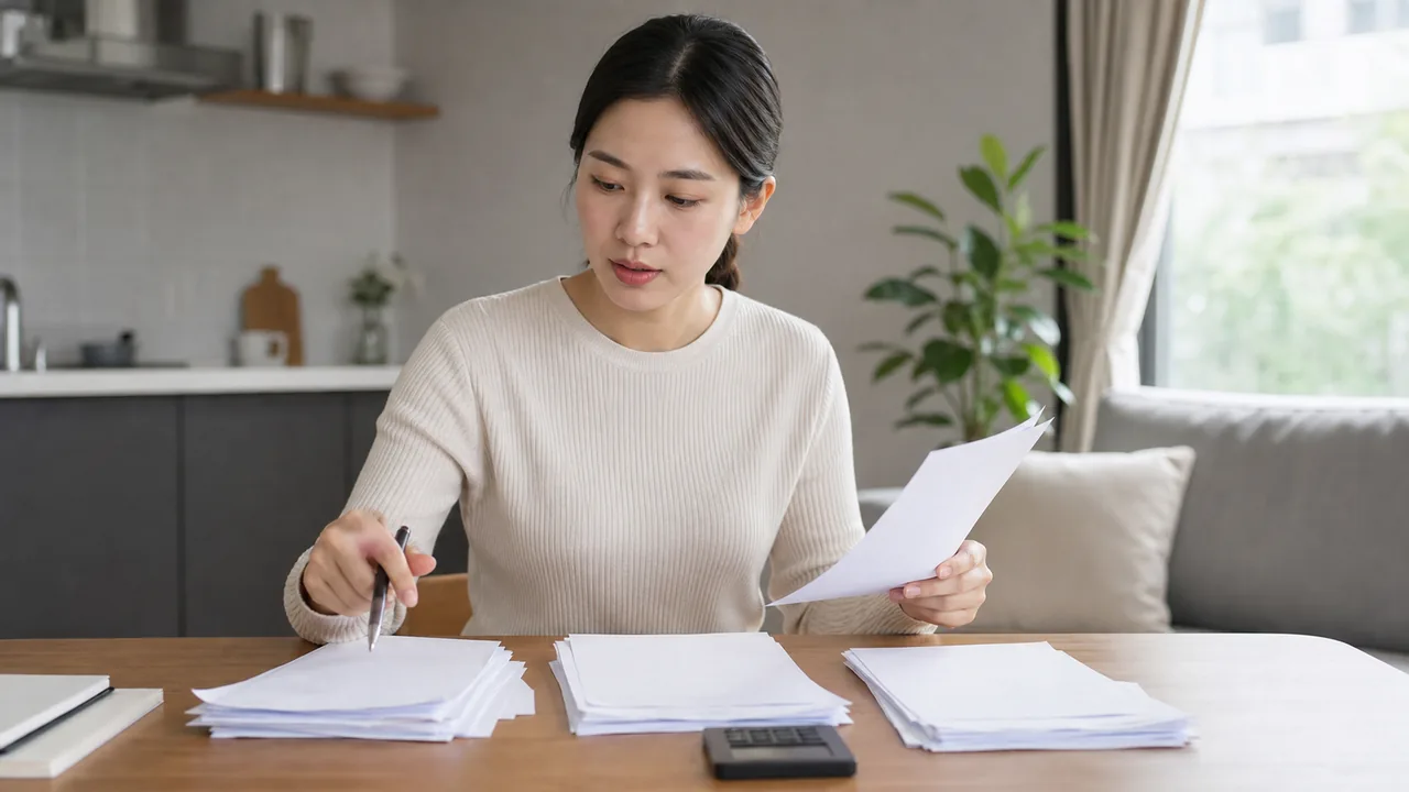 Cảnh nhà ở căn hộ thực tế với một phụ nữ trưởng thành sắp xếp hóa đơn và giấy yêu cầu sửa chữa.
