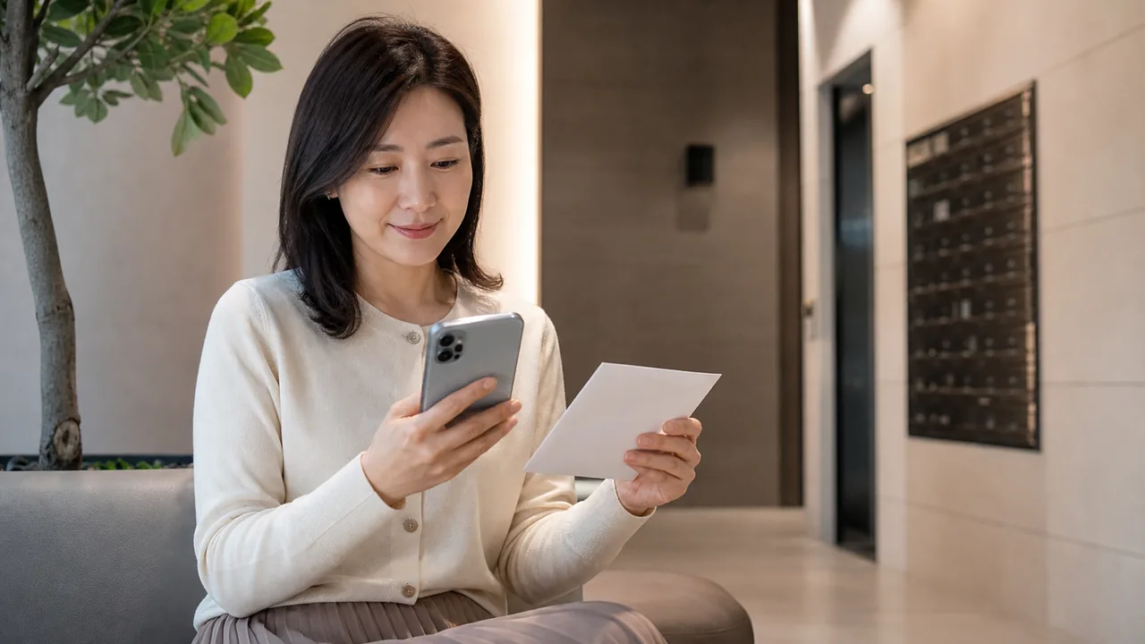 Cảnh sảnh căn hộ thực tế với một phụ nữ trưởng thành xem điện thoại và giấy thông báo sửa chữa.