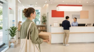 Foreign resident holding a parcel at a Korean post office counter