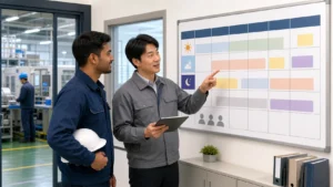 Worker and supervisor reviewing a blank workplace schedule board
