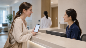 A female Korean learner confirms a clinic appointment time with a female receptionist in Korea.
