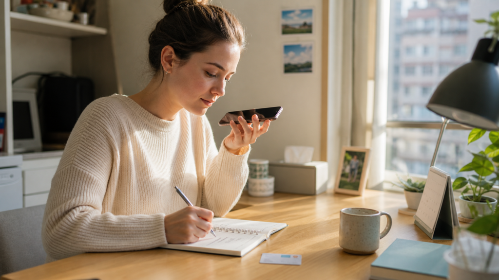 A female Korean learner calls a clinic from home and writes down an appointment time.