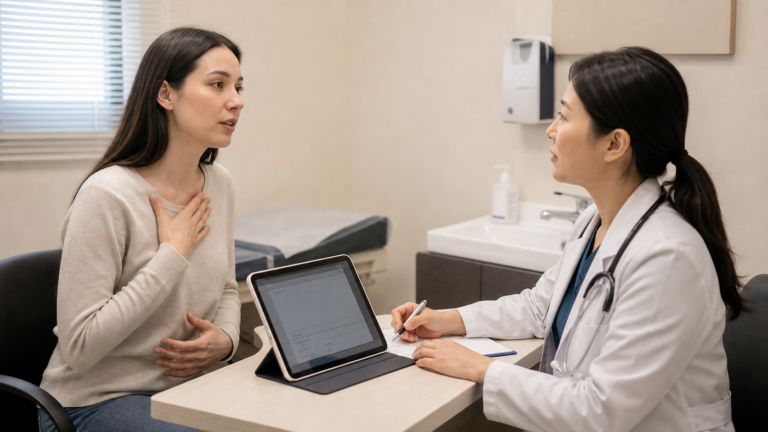 A female patient explains mild symptoms to a female doctor during a clinic consultation in Korea.