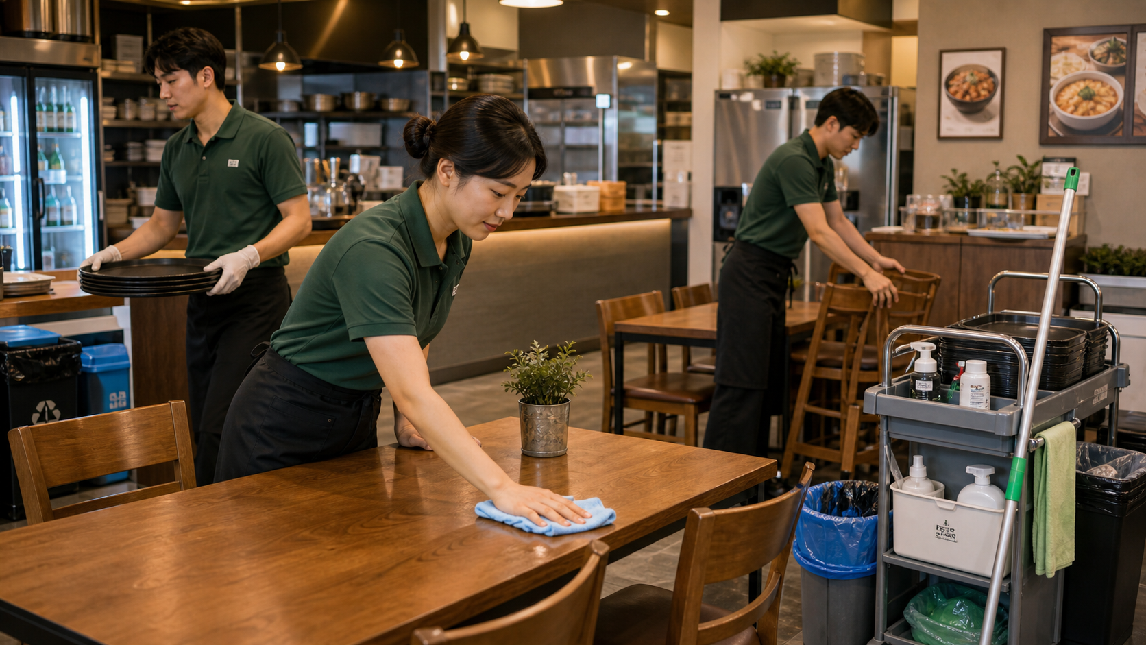 Restaurant staff wiping tables and organizing chairs during closing cleanup in Korea