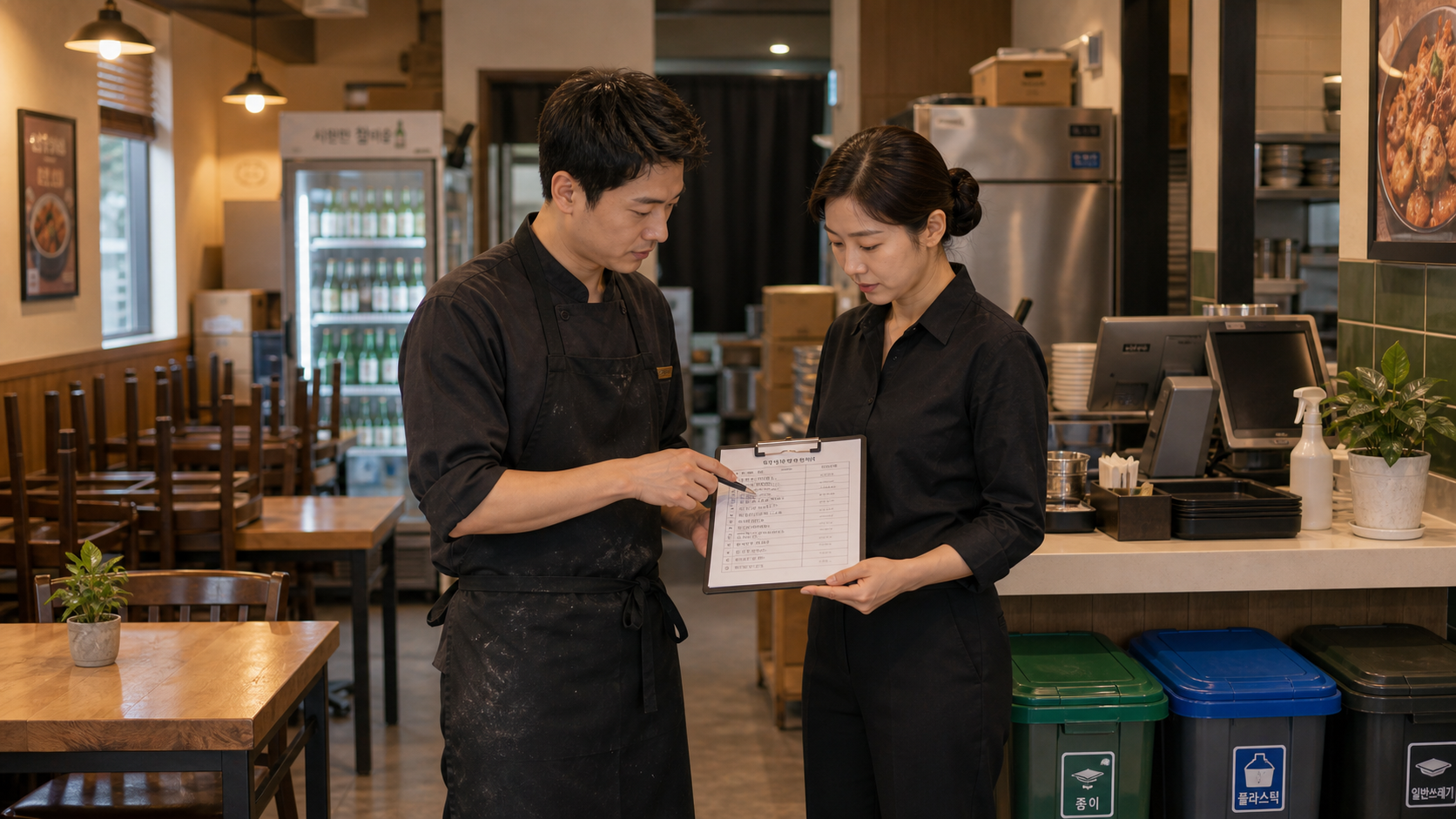 Restaurant worker and manager reviewing a closing cleanup checklist after a Korean restaurant shift