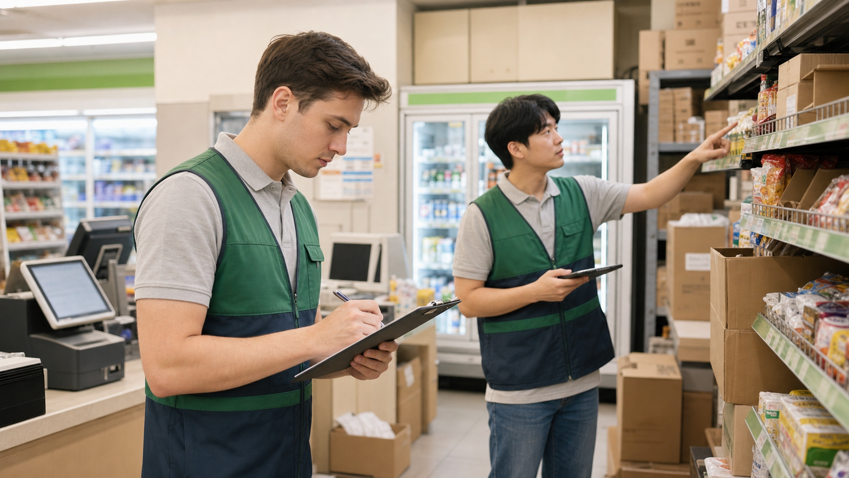 Convenience store workers checking shelves, inventory, and handover tasks in Korea