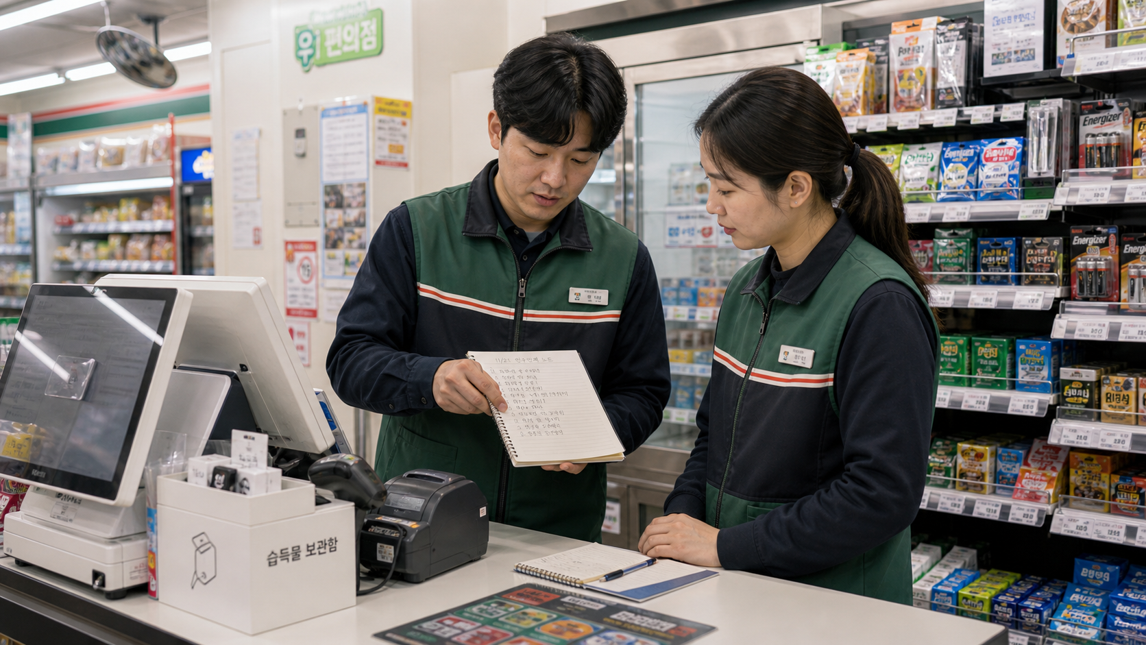 Convenience store worker reviewing Korean shift handover words after work