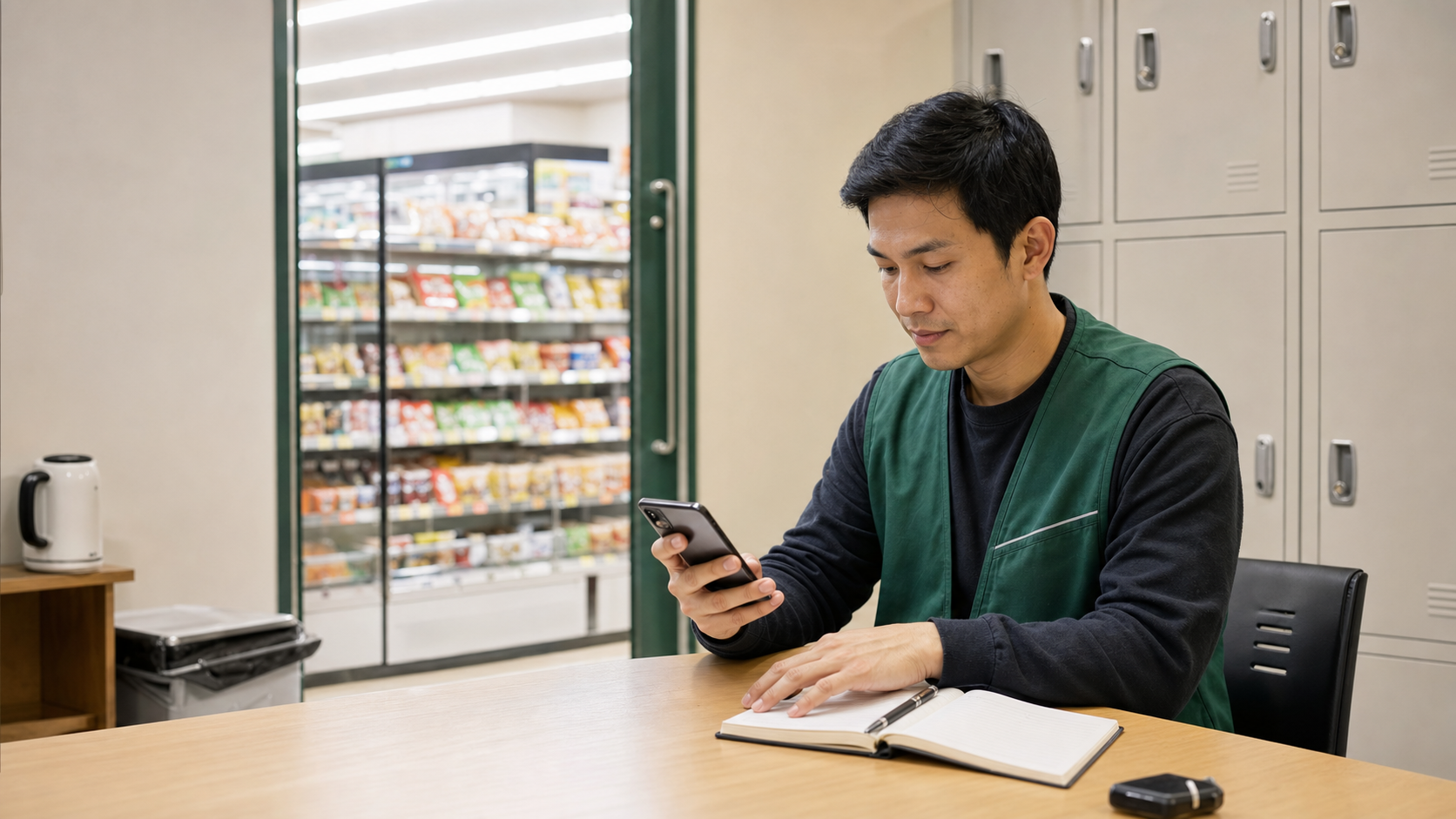 Convenience store worker reviewing Korean shift handover words after work