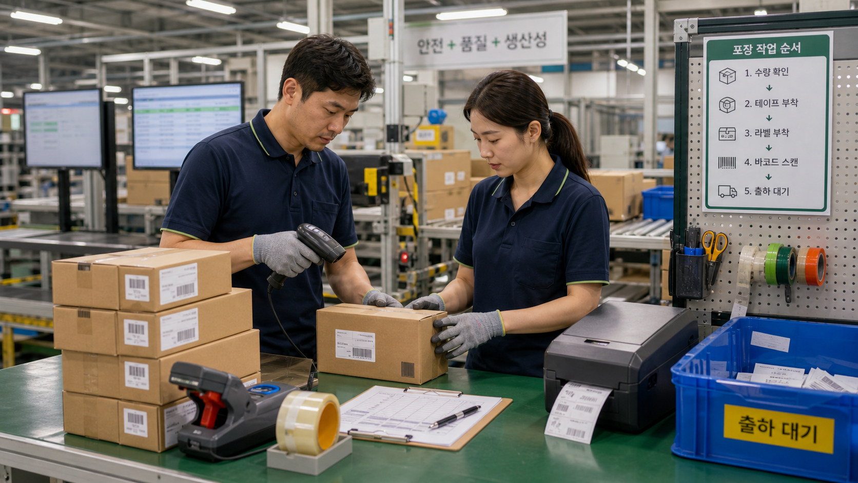 Factory packing table with boxes, tape, label printer, and products