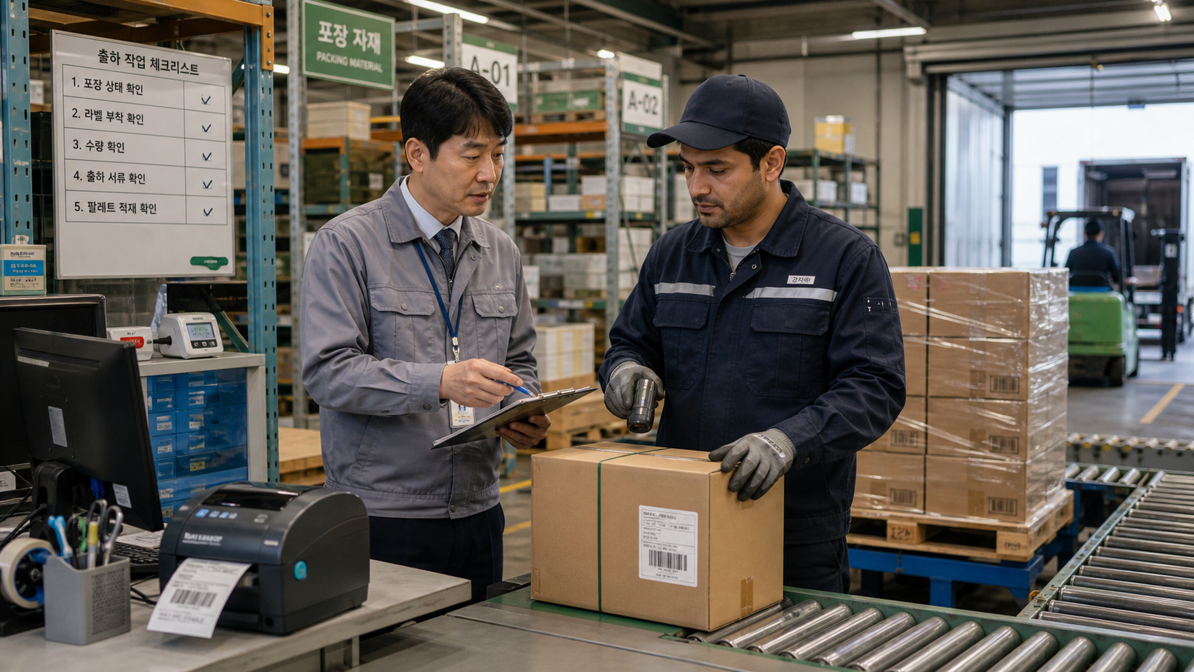 Factory workers reviewing packing, labeling, and shipment status in Korea