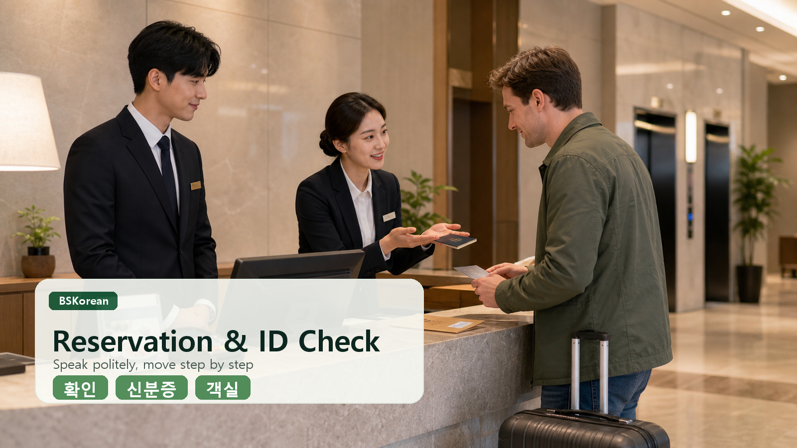 Korean hotel check-in flow showing a receptionist confirming a reservation and handing over a key card.