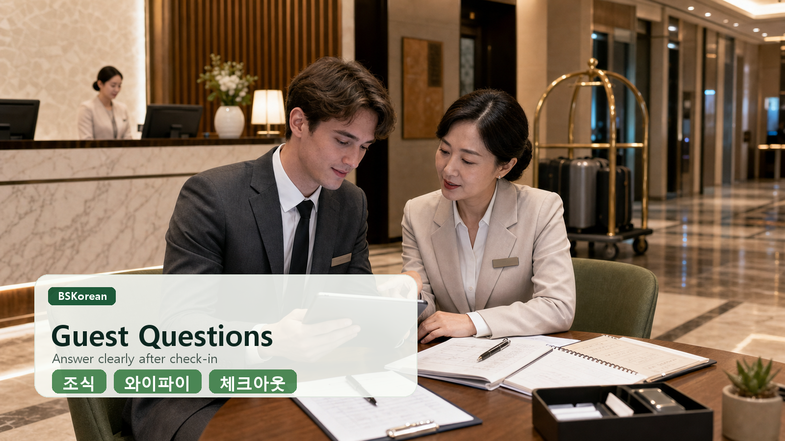 Review slide for Korean hotel check-in words including reservation, passport, room, breakfast, Wi-Fi, deposit, and checkout.
