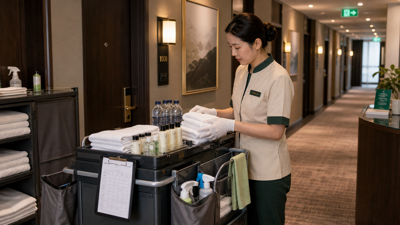 Hotel housekeeping cart with towels, amenities, and room cleaning supplies