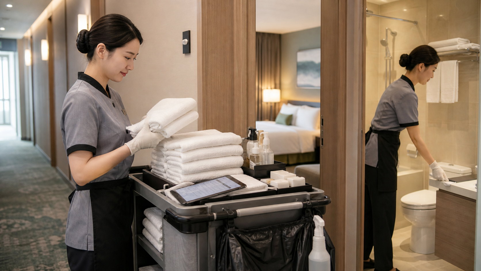 Hotel housekeeping cart with towels, amenities, and room cleaning supplies