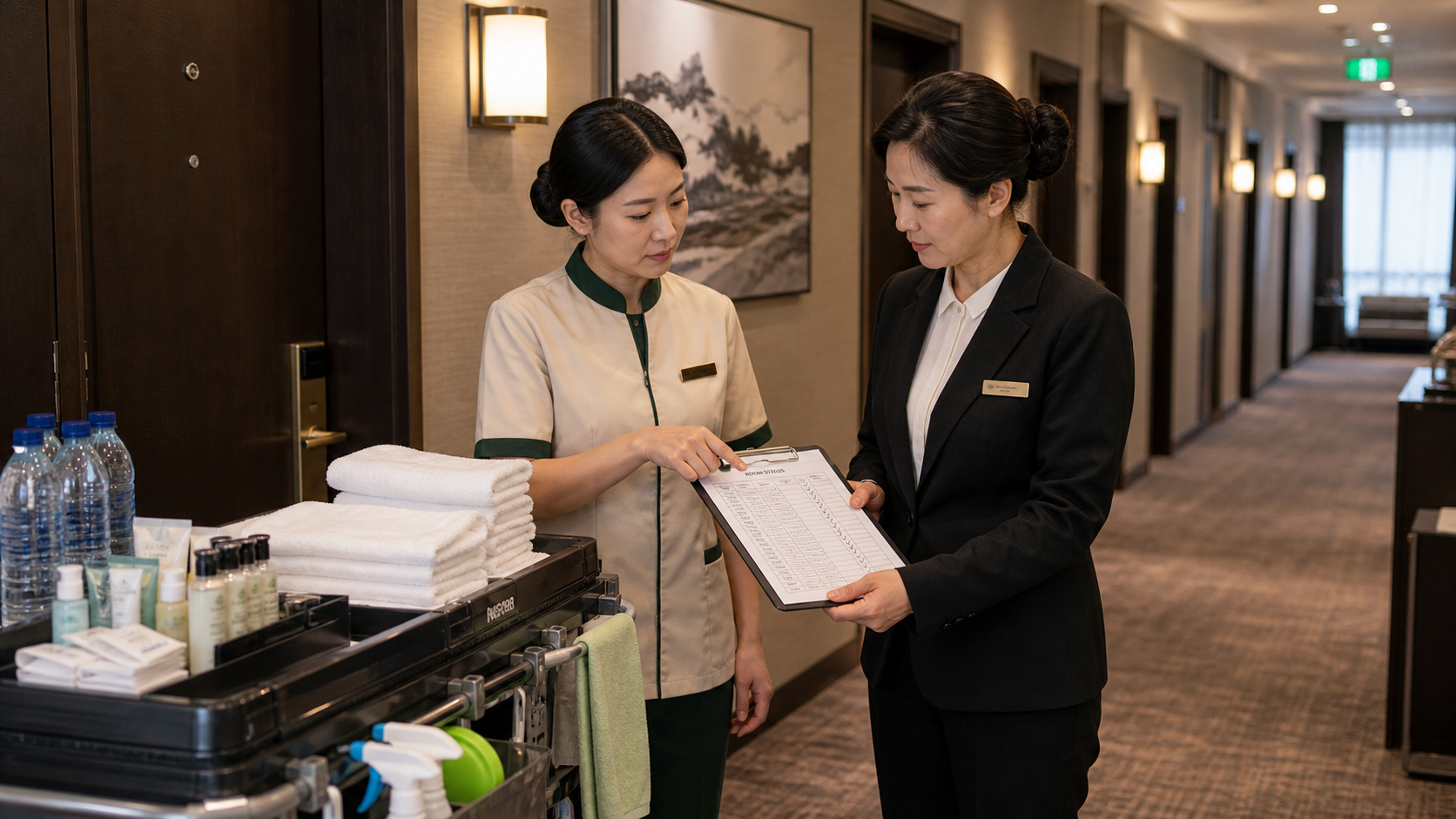 Hotel housekeeping workers reviewing room status before cleaning